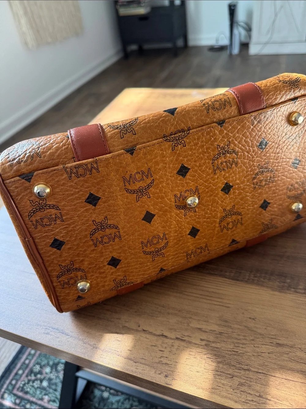 MCM Cognac Visetos Logo Satchel with Gold Hardware